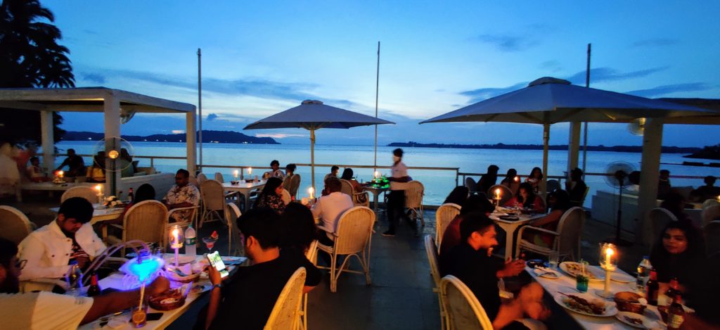 Restaurant during sunset with blue sky at Thalassa