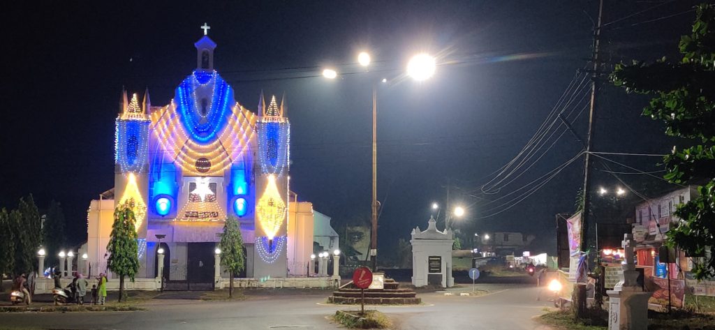 Church decorated with lights in Goa during Christmas